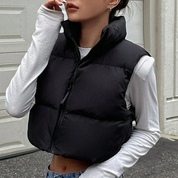 Black Casual Women's Zip Up Crop Vest Puffer Thick Coat - Picture 1 of 9